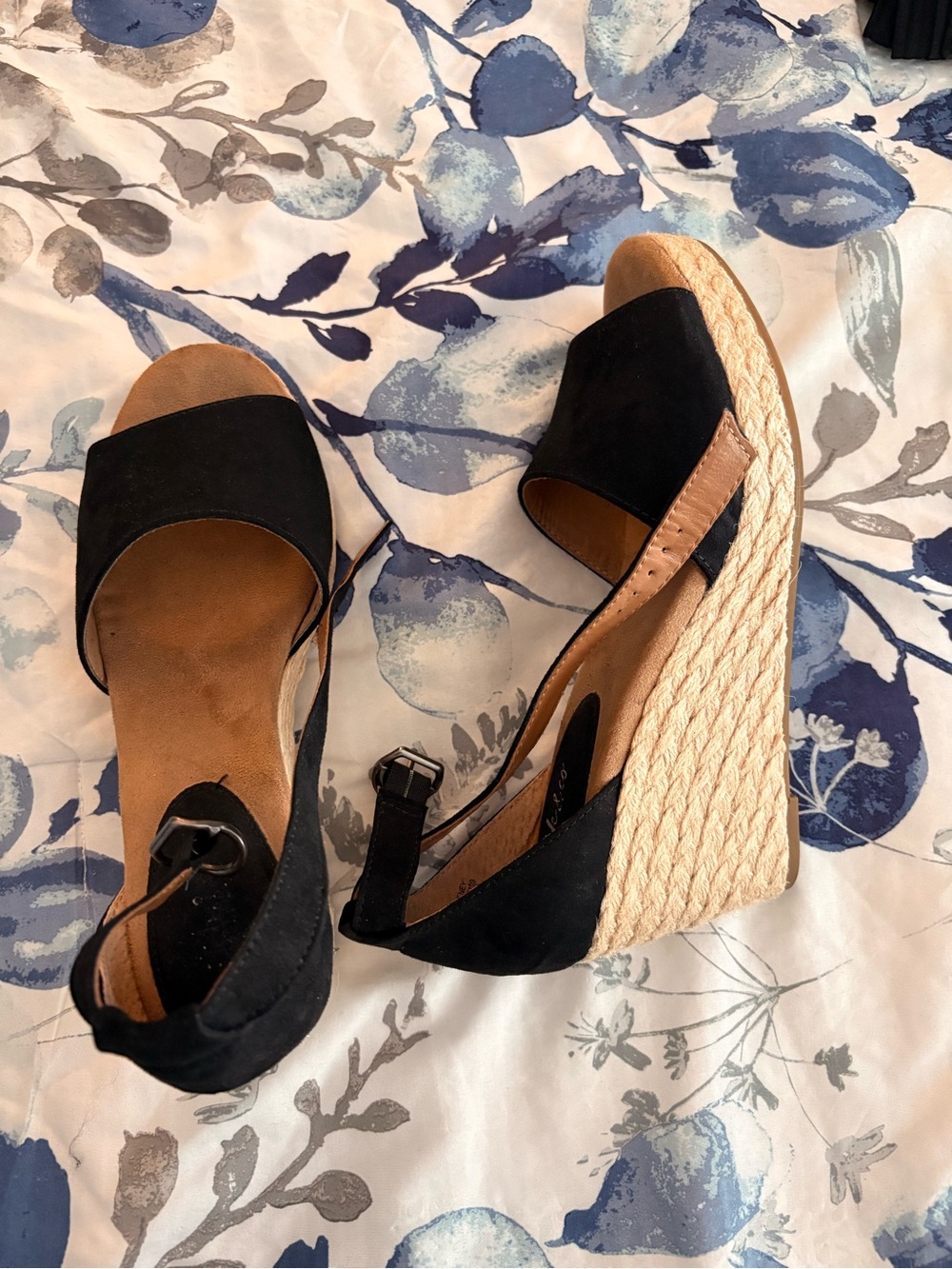 Women’s Black Suede Wedge Sandals with Tan Espadrille Heel - Picture 5 of 5